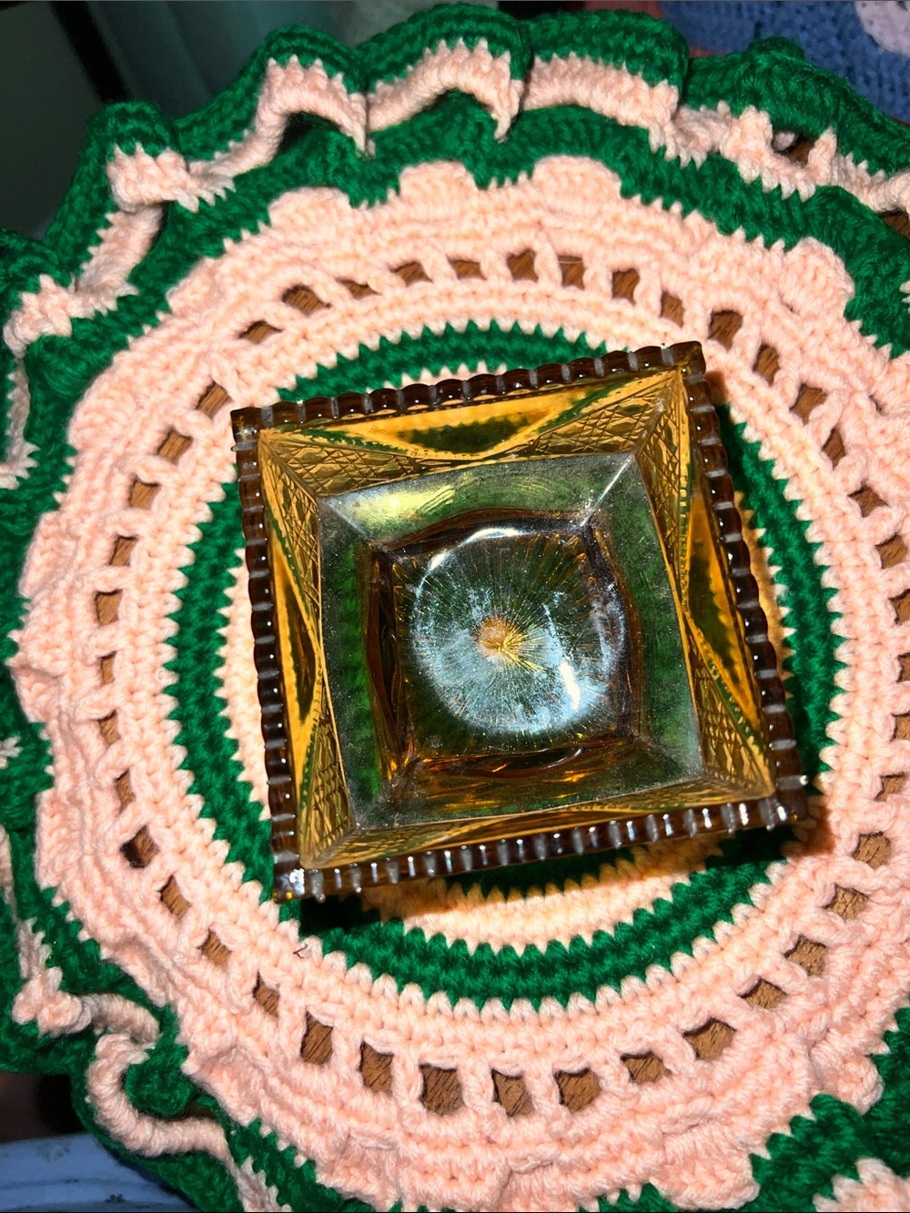 VTG Amber Carnival Glass Nut Candy Bowl Rippled Rim Detailed Design Square - Picture 10 of 10